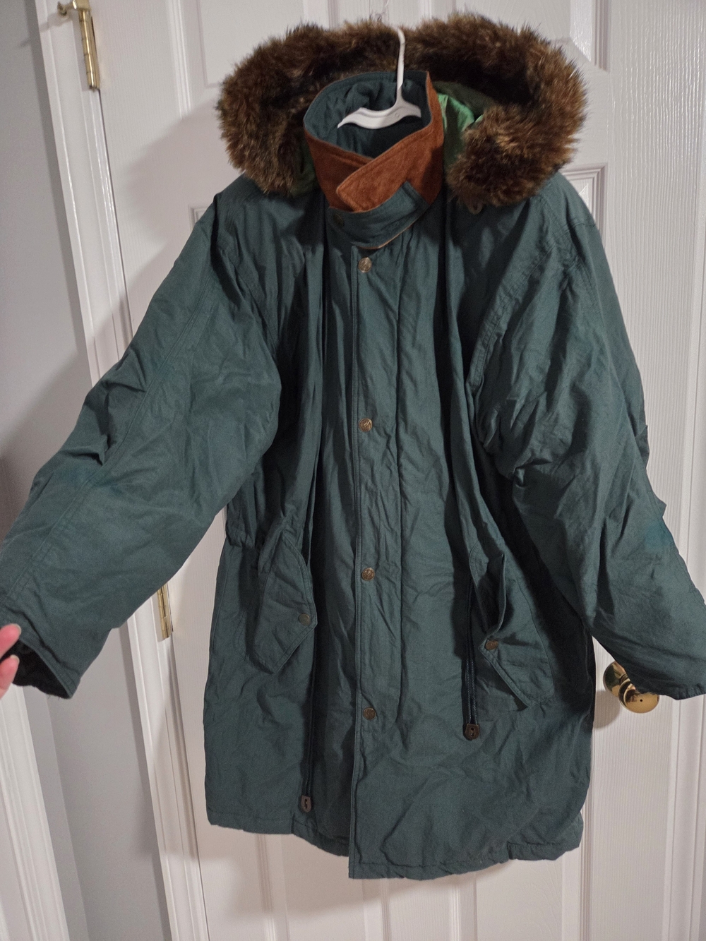 Men's Forest Green Hooded Parka with Faux Fur Trim
